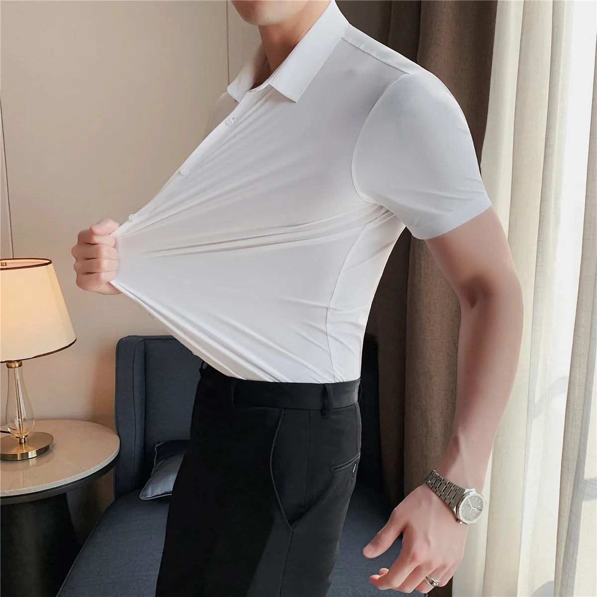 6colors High Quality New Solid High Elasticity Seamless Short Sleeve Shirts Men Slim Social Casual Business Formal Dress Shirt