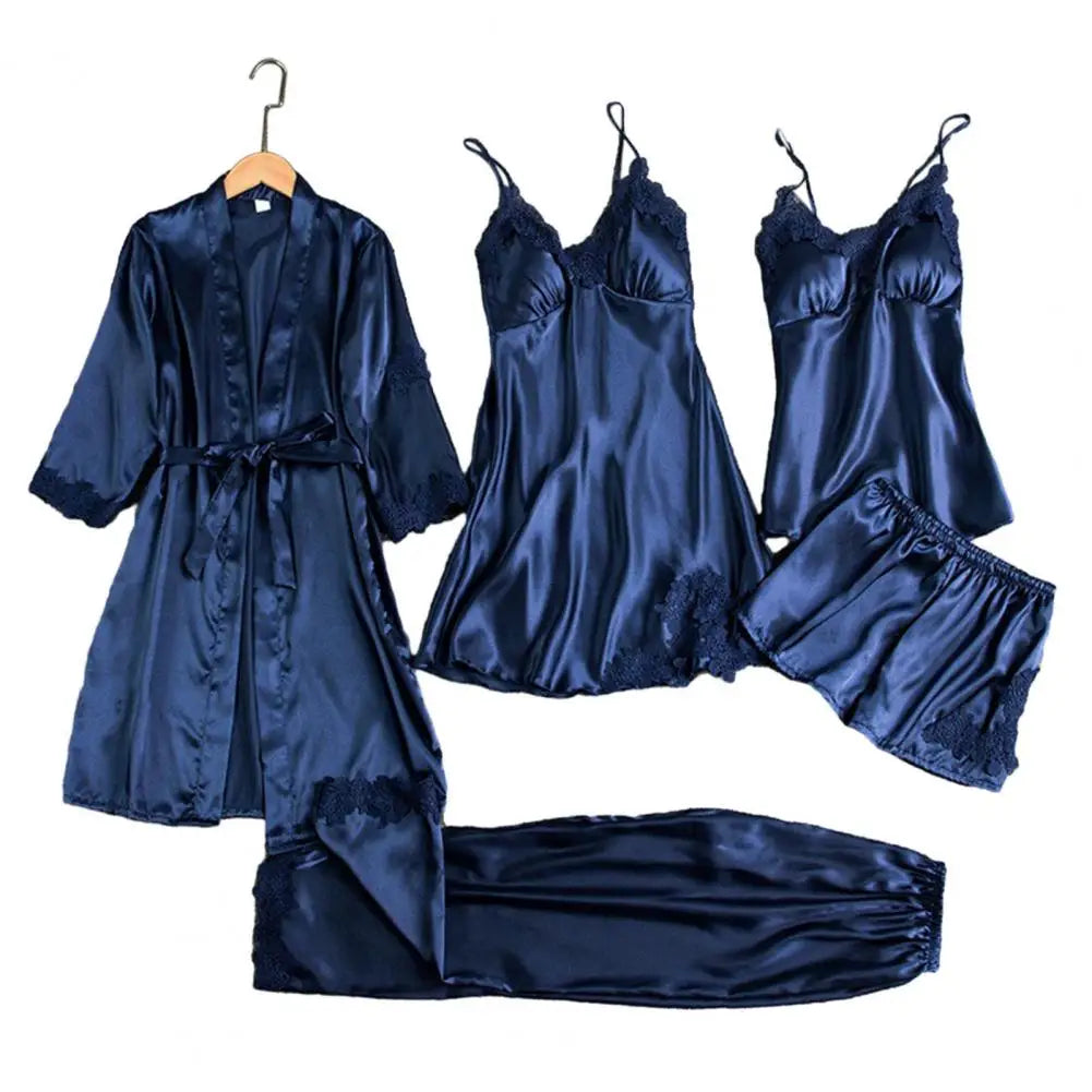 Silk Pajama Set Elegant Satin Lace Patchwork Women's Pajamas Set with Lace-up Waist 5 Piece Nightgown Top Shorts for Comfortable