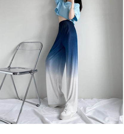 2022 Summer New Gradient Color Ice Silk Wide Leg Pants High Waist Thin Loose Straight Casual Trousers Comfortable Women Clothing