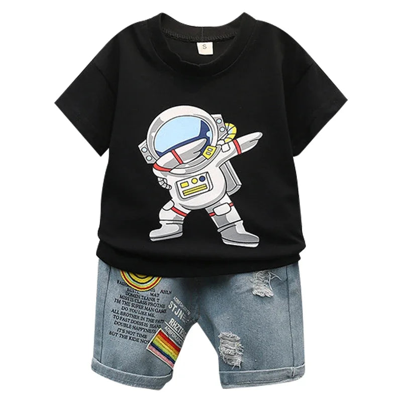 Baby clothes summer children's cartoon short sleeved set boys aged 0-5 solid color T-shirt denim shorts two-piece casual sportsw