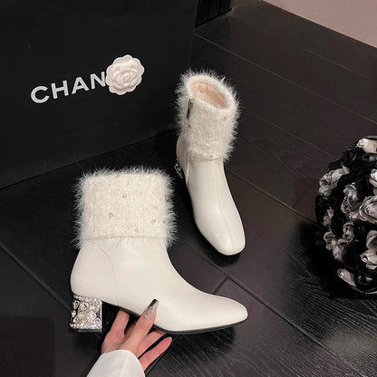 Women Ankle Boots Crystal Fur Leather High Heels Shoes Woman 2025 Trend Pointed Toe Chunky Fashion Elegant Winter Botas De Mujer