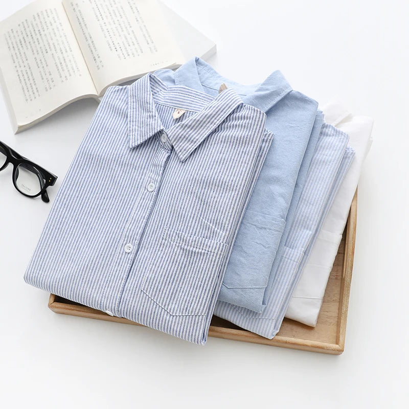 Women's Casual Cotton Oxford Shirt 2023 New Woman Striped Blouse and Tops Simple Solid Lady White Blue Shirts Clothes