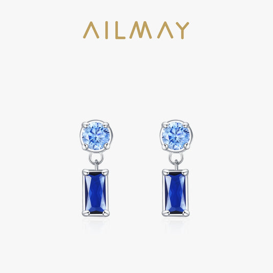 Ailmay 925 Sterling Silver Blue Zircon Geometric Design Earrings For Women Girl Wedding Jewelry