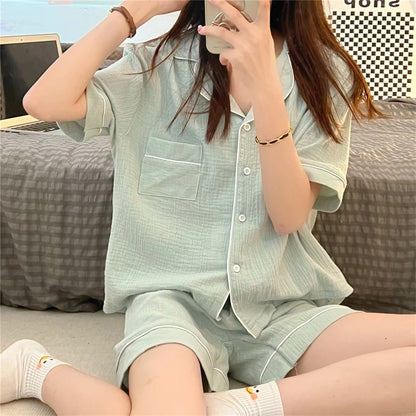 Women's Pajamas New Summer Short Sleeve Soft Sleepwear Set Grid Cartoon Printed Pyjama Woman Home Nightwear Set Cardigan