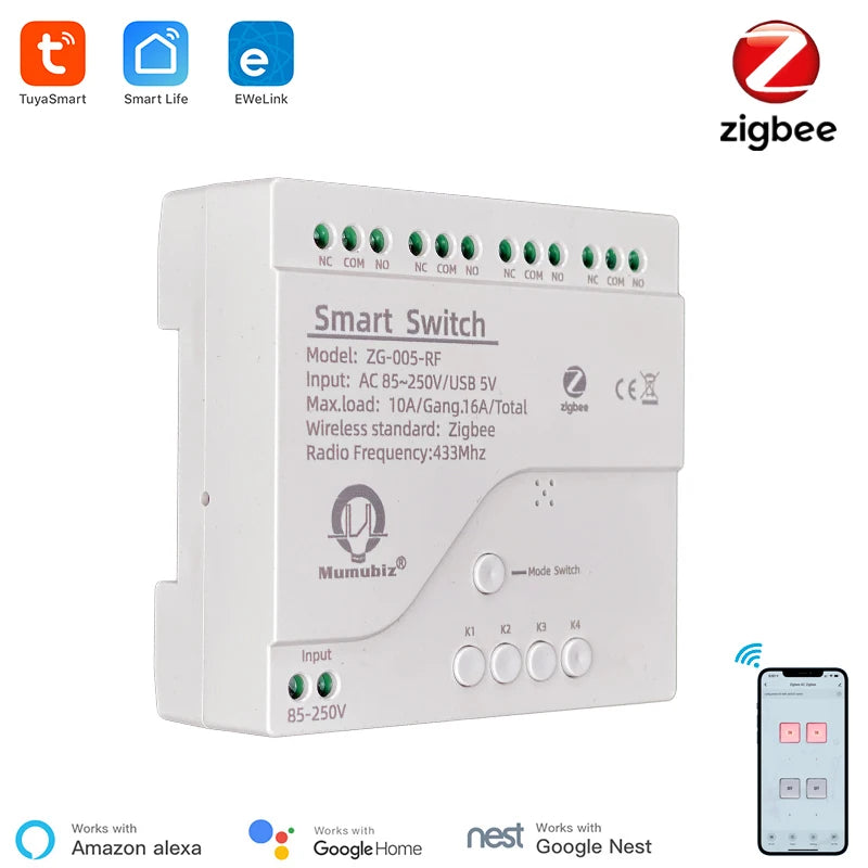 Tuya Smart Inching Zigbee 220V Switch 4 Channel With Ding Rail Housing ,Works with Alexa, Smart Life ,eWelink APP Remote Control