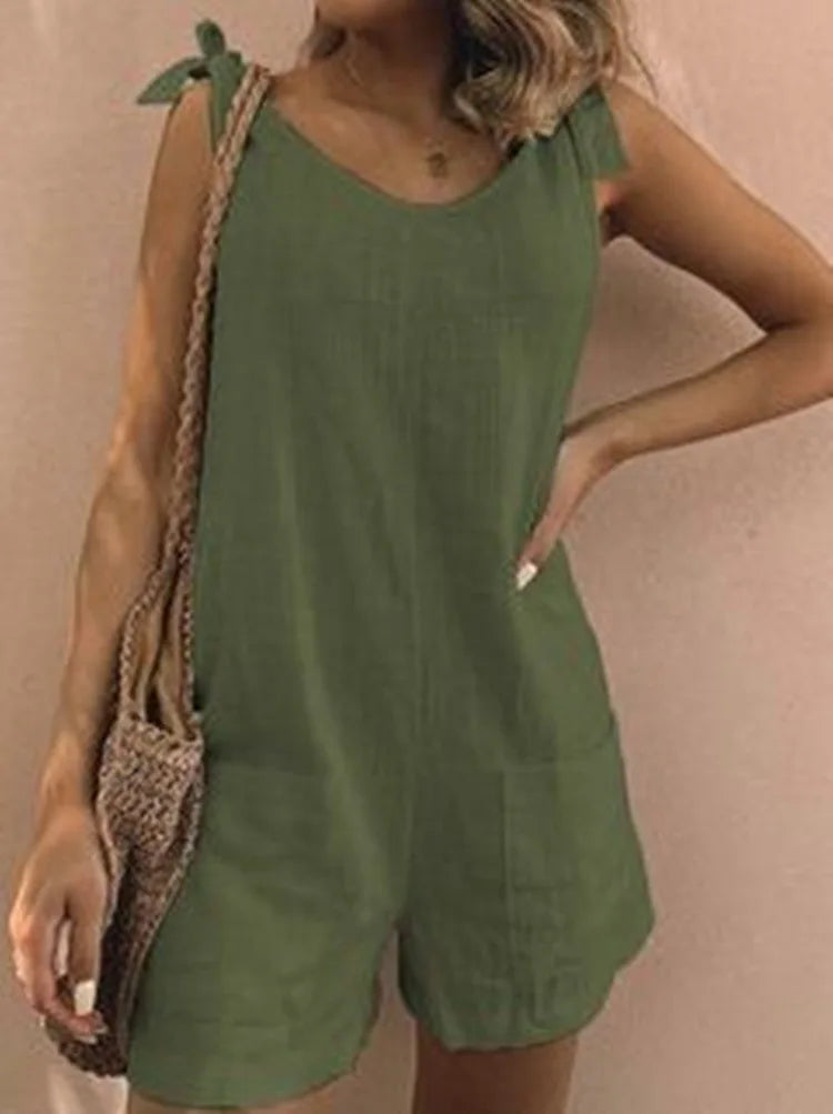 Summer Solid Cotton Linen Playsuits Casual Loose Women Jumpsuits 2024 Fashion Lace -up O Neck Sleeveless Pocket Romper Female