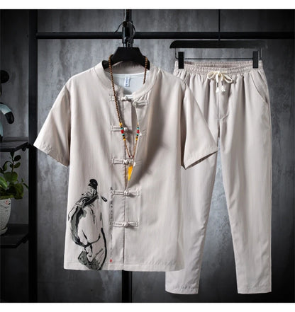 (Shirt + trousers) 2024 summer men shirt printing Man Cotton shirts Short sleeve men's casual shirts elastic waist size M to 5XL