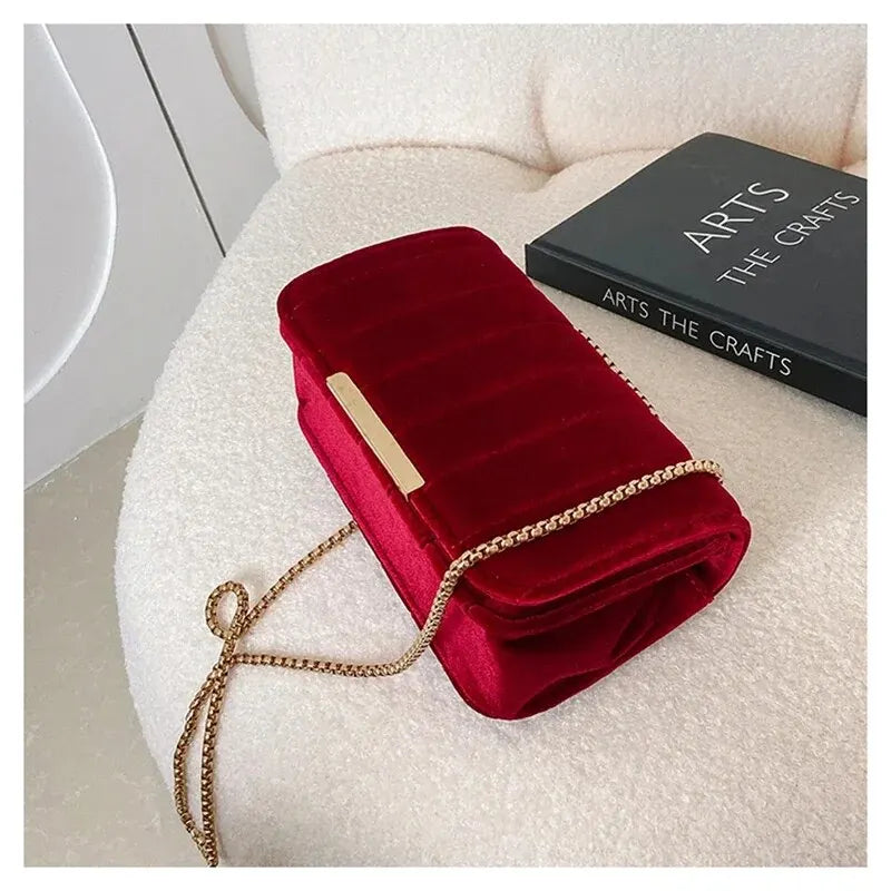 Gold Velvet Fabric Embroidered Small Square Bag With Single Shoulder Chain Bag Women's Crossbody Bag Embroidered Thread Women's