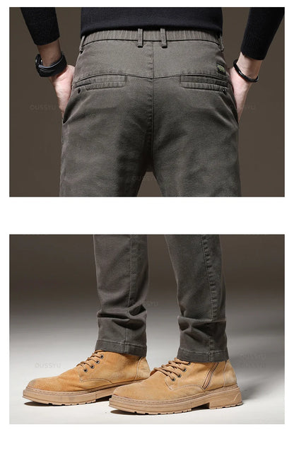 Brand Clothing Winter Fleece Warm Casual Pants Men Cotton Elastic Waist Brown Grey Twill Work Slim Flocking Cargo Trousers Male