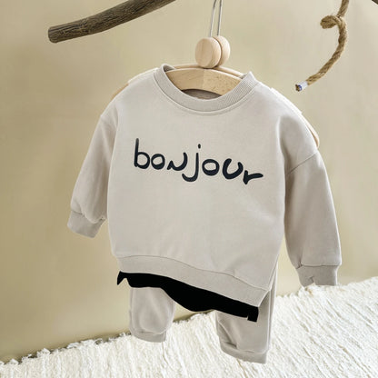 Baby Boy Clothes Set "BONJOUR" Letter Sweatshirt Hoodie+Pant Child Long Sleeve Clothing Suit Casual Letter Pullover Baby Clothes