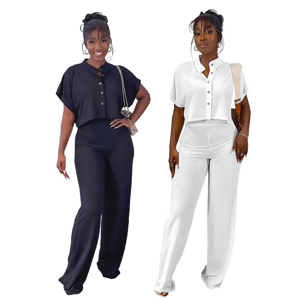 White Short Sleeve Shirt Tops Casual Wide Leg Pants Short Cardigan Top Solid Color Straight Pants Women Two-Piece Sets Outfits