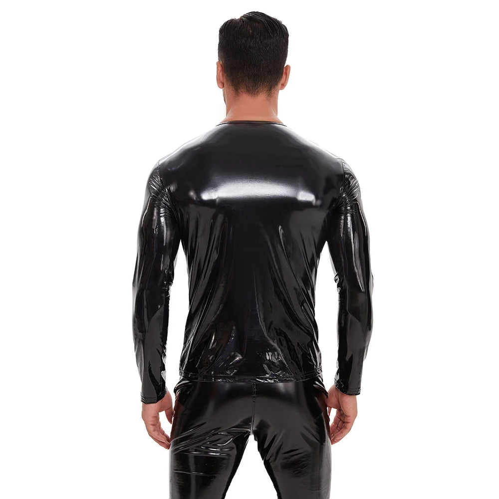 S-7XL Shiny Faux PU Leather Long Sleeve T Shirt Men Wet Look PVC Hot Shapers Tights Shapewear Tshirt Sexy Tee Shirts Tops Body