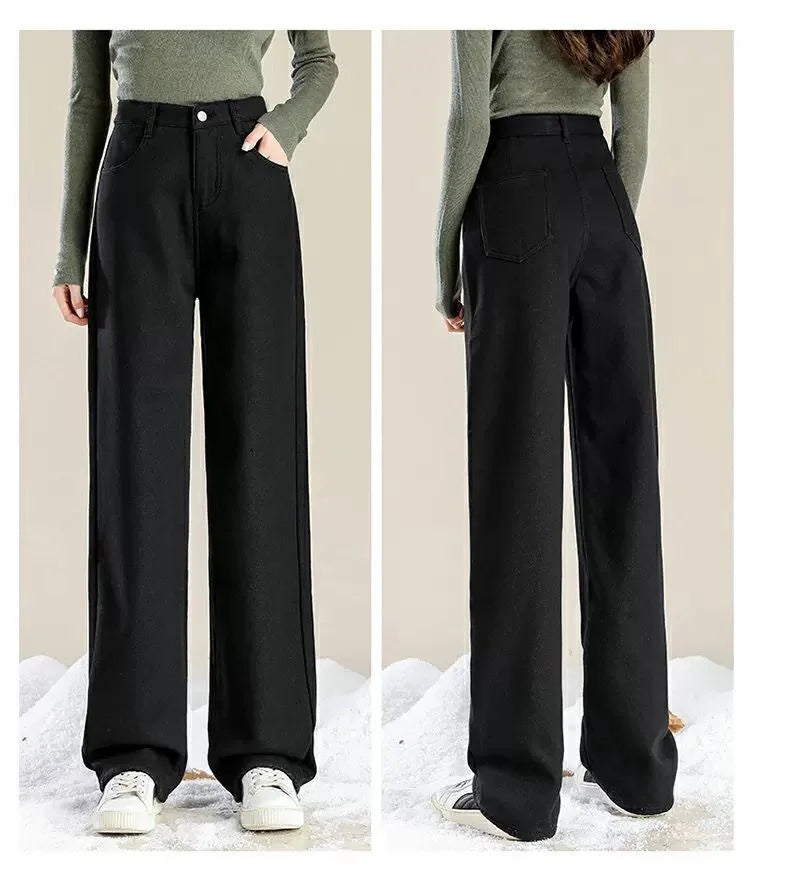 Charcoal Grey Fleece-Lined High-Waisted Versatile Bell Bottoms Jeans Women's Autumn/Winter Thickened Straight-Leg Loose-Fit Warm