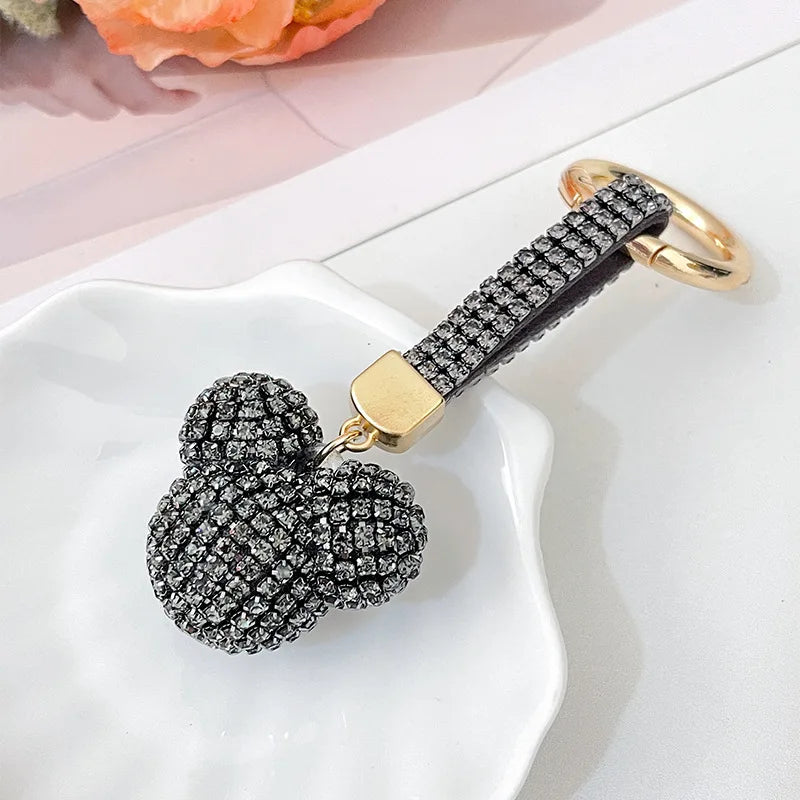 Light Luxury Rhinestone Mickey Head Keychain Crystal Leather Strap Women Bag Pendant Creative Car Keychain Lover Gift for Friend