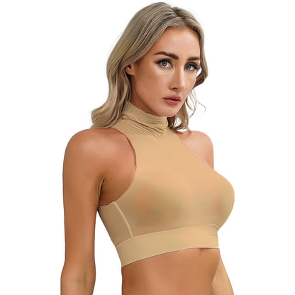 Womens Glossy Crop Tops Mock Neck Sleeveless Sheer See-Through Slim Fit Vest Tops for Swimwear Pool Party Clubwear Nightwear