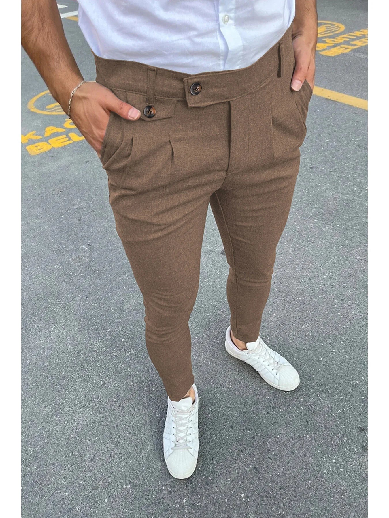 New Men's Business Casual Skinny Stretch Slim Fit Pencil Pants Trousers Fashion Zipper Mid Waist Solid Jogging Khaki Track Pants