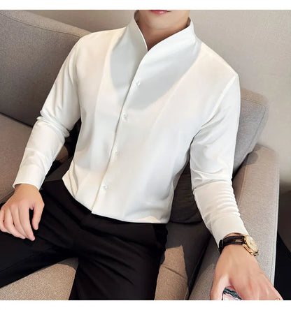 Brand Clothing Men's High Quality V-neck Long Sleeve Shirts Male Slim Fit Fashion Solid Color Office Dress Shirt 4XL-M