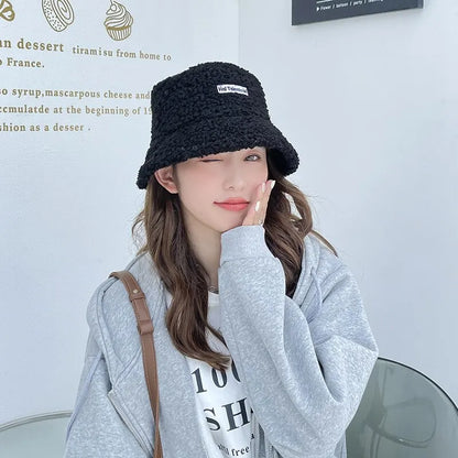 Winter Girl Boy Bucket Hat Cute Lamb Wool Letter Kids Fisherman Hat Solid Flat Top Hats Children Outdoor Thick Warm Sun Cap