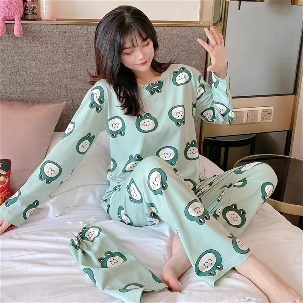 2PCS/Set Women's Clothes Spring and Fall Pajamas Long-Sleeved Cartoon Cute Sweet Floral Young Girl Homewear Outside Loungewear