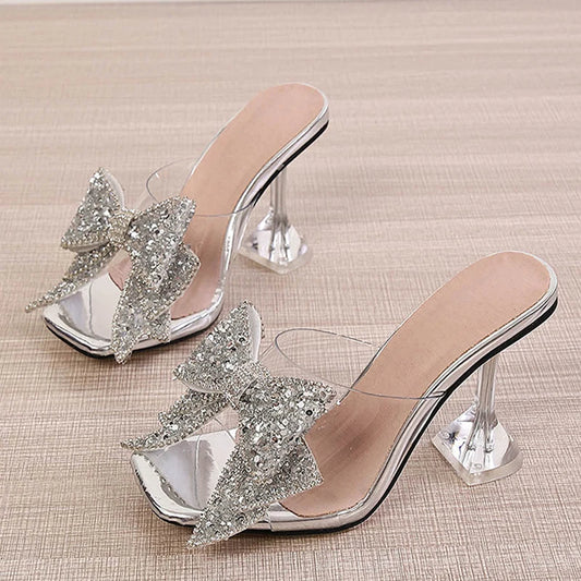 Liyke 2025 New Transparent Slippers For Women Fashion Silver Crystal Bowknot High Heels Female Mules Slides Summer Sandals Shoes