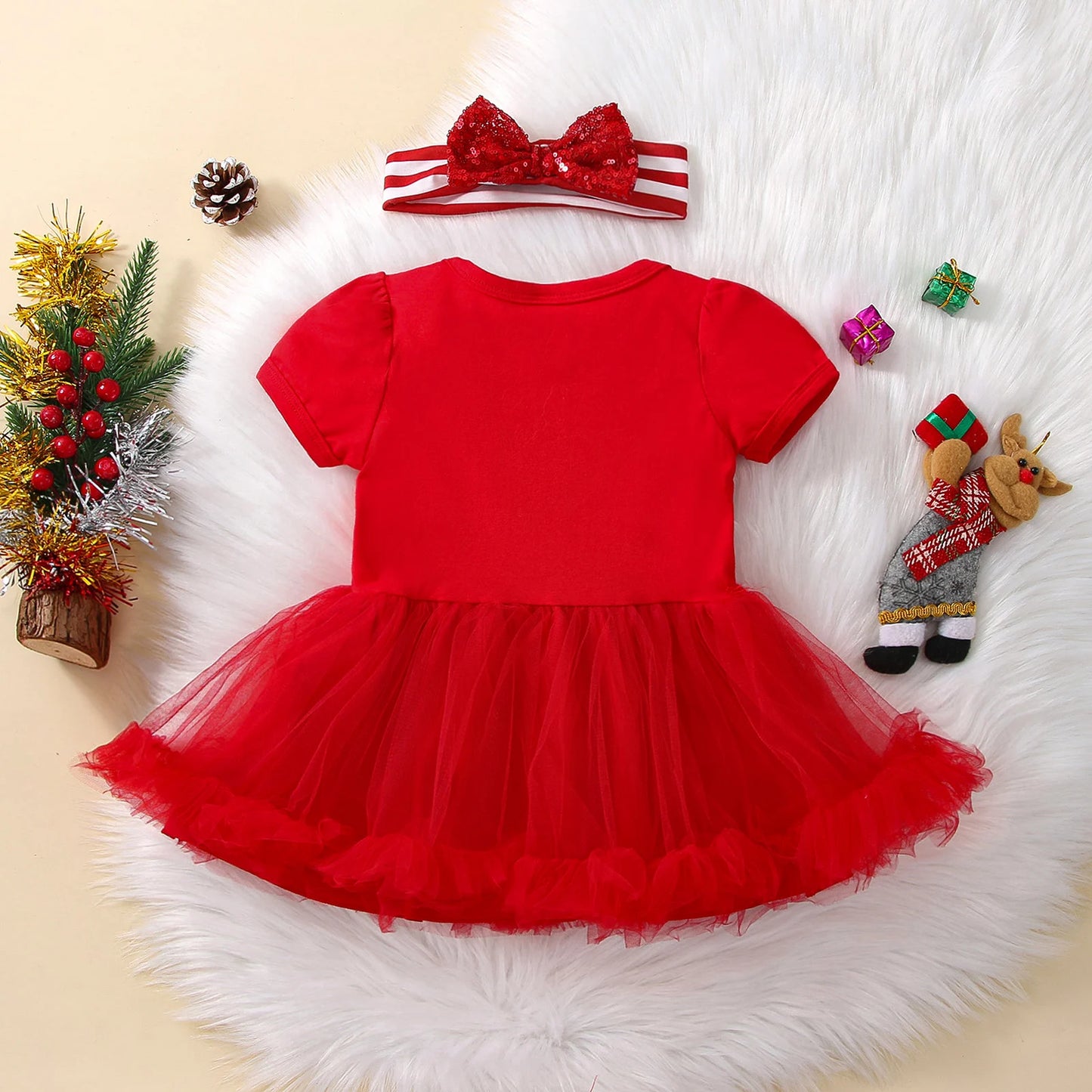 2Pcs Baby Christmas Outfit Snowflake Mesh Splicing Short Sleeve Romper Sequin Bow Headband Babby Xmas Bodysuits Clothing