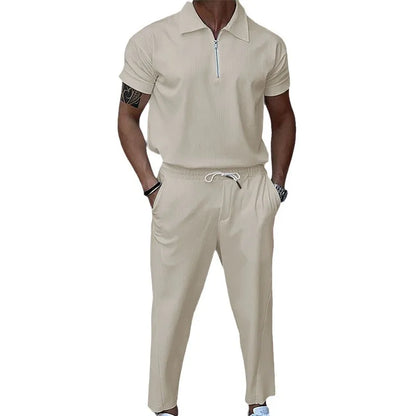 Summer new European and American men's solid color suit lapel short sleeve zipper trouser suit