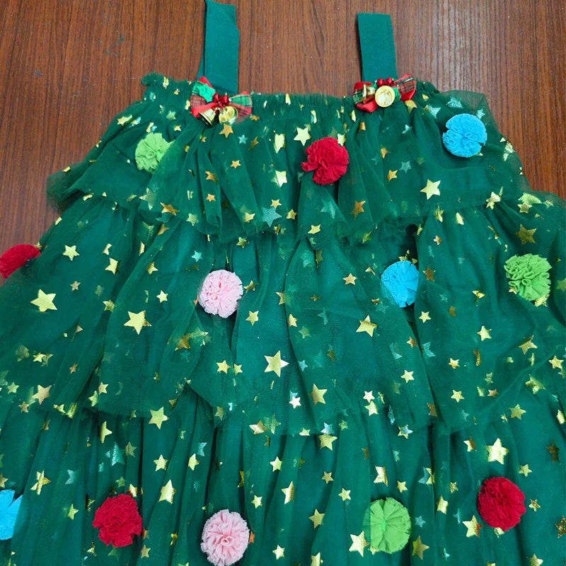 Christmas Costume Kids Girls Green Dress Sleeveless Stars Sequin Layered Tulle Dress Plush Ball Hat Baby Cake Xmas Tree Clothes