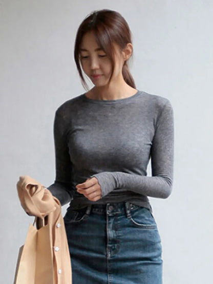 Slim High Quality Plain T Shirt Women Cotton Elastic Basic T-shirts Female Casual Tops Long Sleeve Sexy Thin T-shirt see through