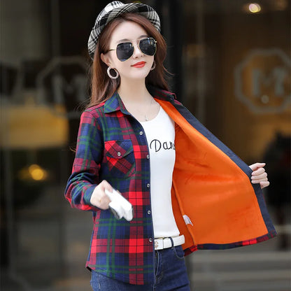 Plus Velvet Thicker Shirt Style Jacket Coat 2023 Winter New Hot Multicolor Plaid Warm Fleece Women Tops Brand Female Outerwear