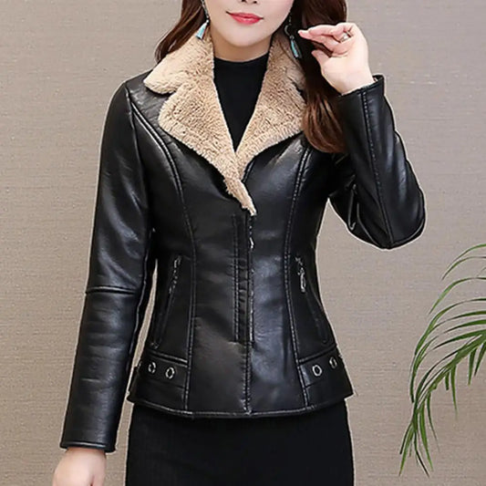 Plush Lapels Faux Faux Leather Jacket For Women Leater Jacket Spring Autumn Slim Fit Cardigan Coat Outerwear Lady Short Jacket