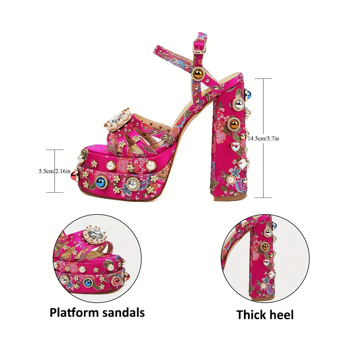 Slingback Sandals With Faux Pearl Accent - Women's Vintage Print, Ankle Buckle Strap, Block Heel Design - Ideal For Part