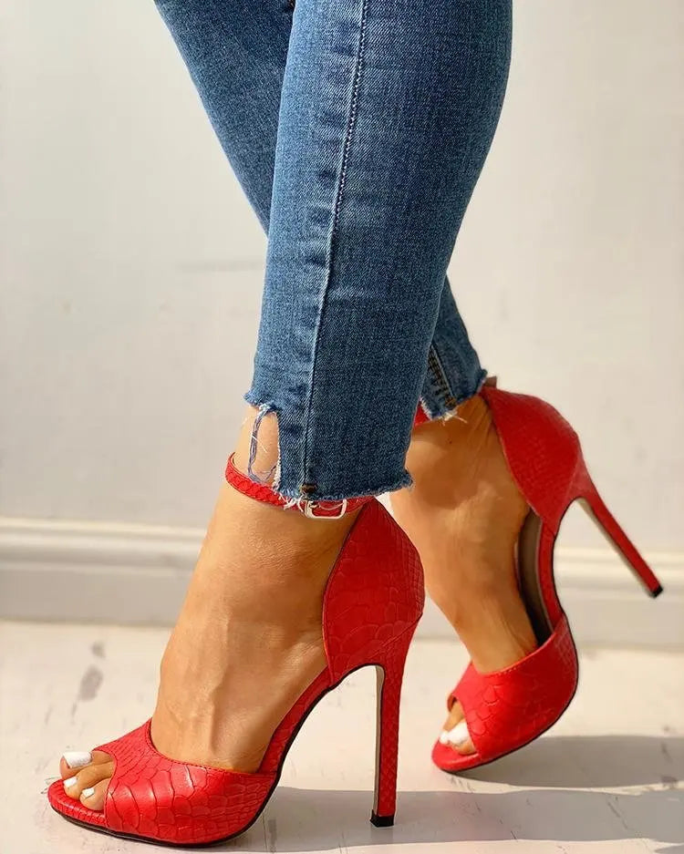 Summer Women High Heel Sandals Solid Open-toe Stiletto Ankle Strap Temperament Female Shoes Sexy Red Black Sandalias Mujer