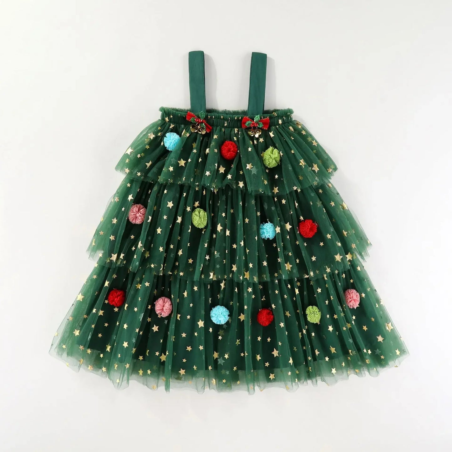 Christmas Costume Kids Girls Green Dress Sleeveless Stars Sequin Layered Tulle Dress Plush Ball Hat Baby Cake Xmas Tree Clothes