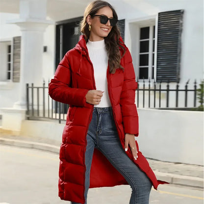 Women's Winter Long Parka Solid Color Thick Warm Hooded Cotton-padded Jacket Fashion Street Long Down Cotton-padded Jacket