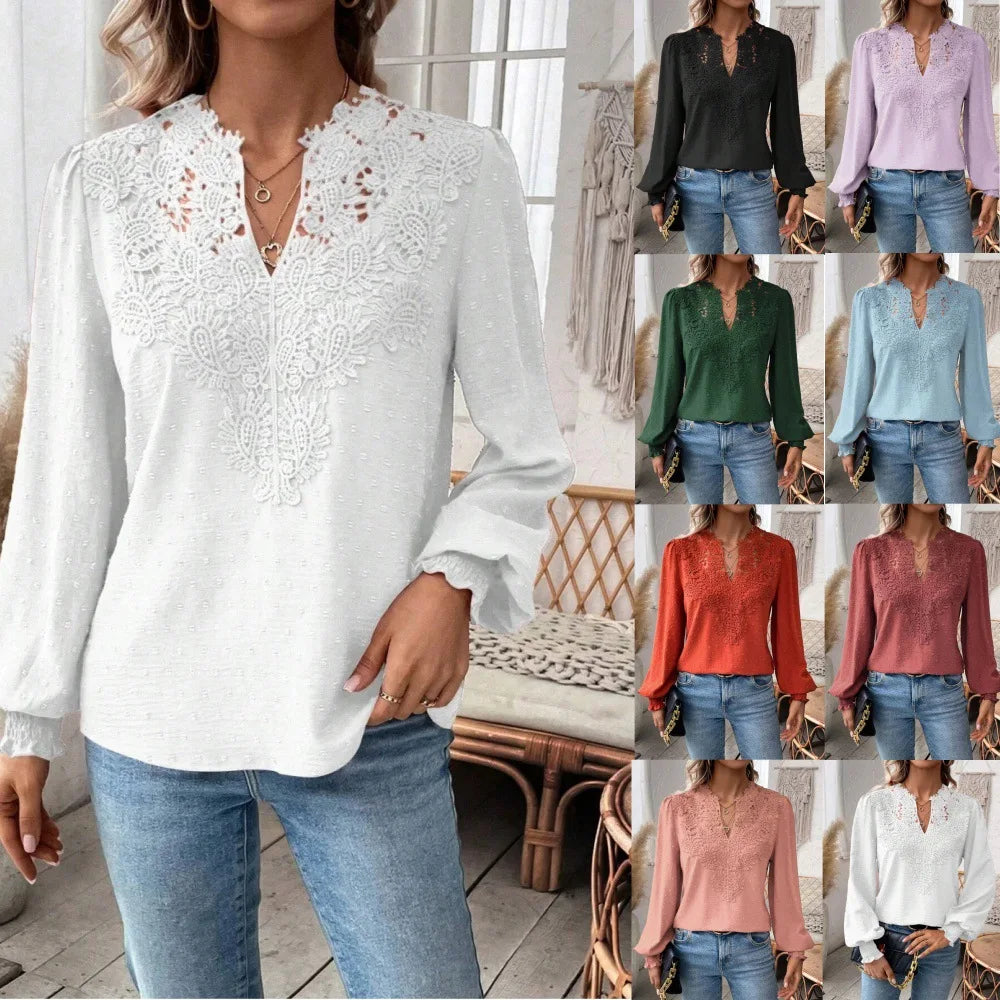 Women's Clothing 2024 Autumn Sexy V-neck Fashionable Lace Patchwork Polyester Solid Color Shirt Long Sleeved Shirt