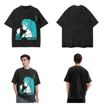 Man T-Shirt Vocaloid Hatsune Miku Washed T Shirts Novelty Summer Tee Shirt Street Style Print Cotton Clothes New Arrival