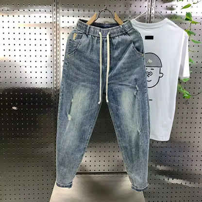 New Arrival Korean Casual Drawstring Denim Harem Pants Men's Jeans Spring Autumn Fashion Hip Hop  Loose Hole Baggy Washed Jeans