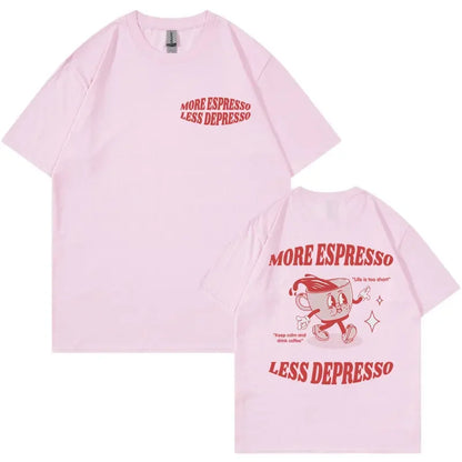 More Espresso Less Depresso Meme T Shirts Funny Men Women's Aesthetic Vintage Cartoon T-shirt Summer Pop Art Cotton Tshirts Tops