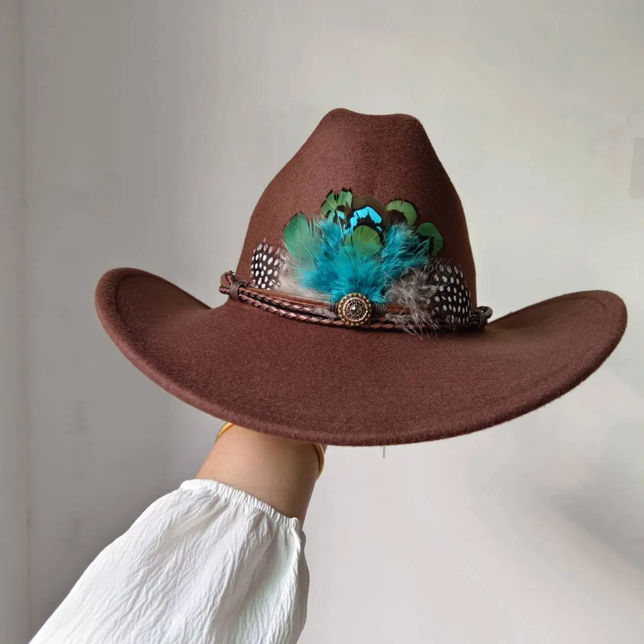 New 9CM Wide Brim Western Cowboy Hat For Men's Vintage Fascinator Cowgirl Jazz Hat Cloche Church Caps Sombrero Hombre