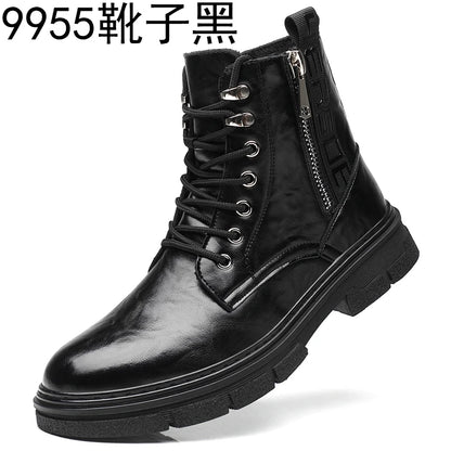 Martin Boots Men's Autumn High Assist Grab Pattern Soft Casual Zipper Leather Boots Lace up Black Workwear Motorcycle Short Boot