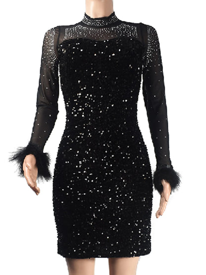 Sexy see through black sequin bodycon dress women mini evening dresses Long sleeve rhinestone Club birthday party dress vestidos