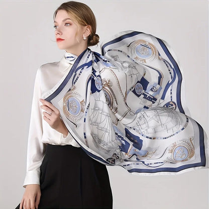 Luxury Large Nautical Print Square Scarf Thin Breathable Silky Neck Scarf Glamorous Style Sunscreen Headscarf