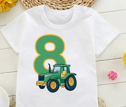 Cute Farmer Tractor 1-8 Years Old Happy Birthday T Shirt Kids Birthday Party Gift Children Funny Present T Shirt Tops