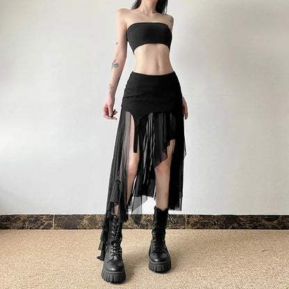 Goth Dark Cyber Y2K Irregular Hem Mid Skirts Harajuku Fashion Streetwear Mesh Patchwork Club Alt Bottoms Punk Skirt for Women