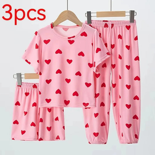 3PCS Girl Summer Love Short-sleeved Pants Shorts Three-piece Girl Ōwarawa Comfortable Thin Air-conditioned Pajama Suit