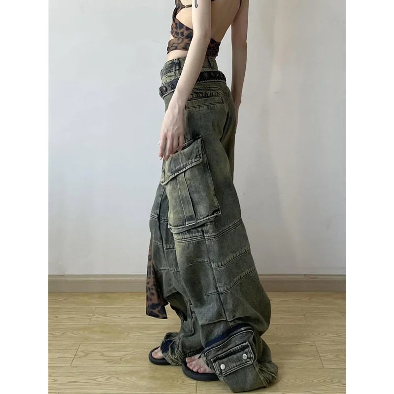 2024 Y2K Streetwear Multiple Pockets Baggy Cargo Jeans Pants For Women Clothing Vintage Loose Women Denim Trousers Pantalon