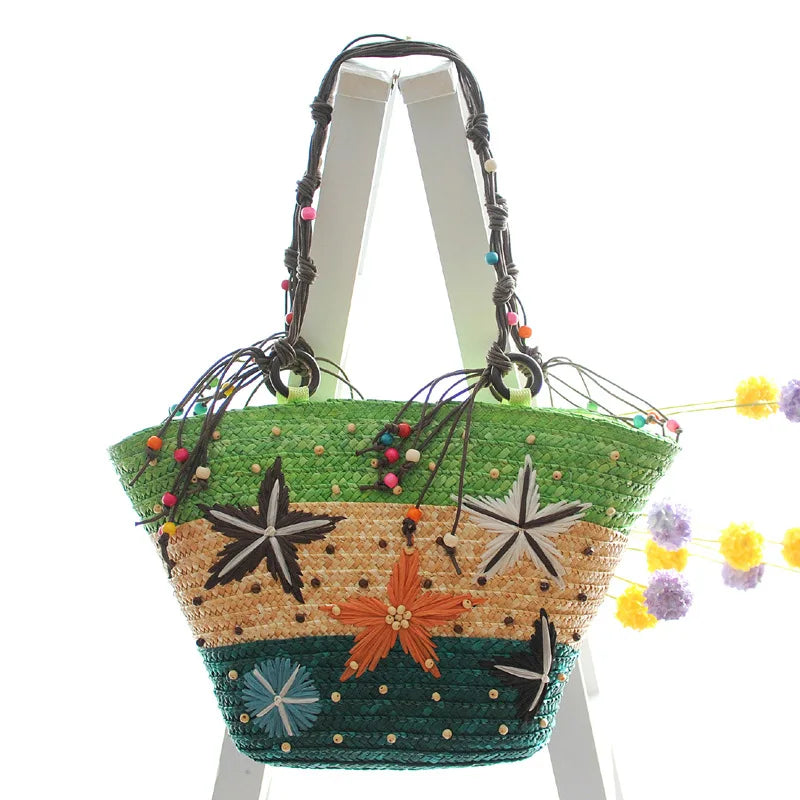 Women's New Bohemian Hand Embroidered Starfish Straw Woven Bag Beaded Handbags For Ladies Summer Handle Tote Shoulder Bag