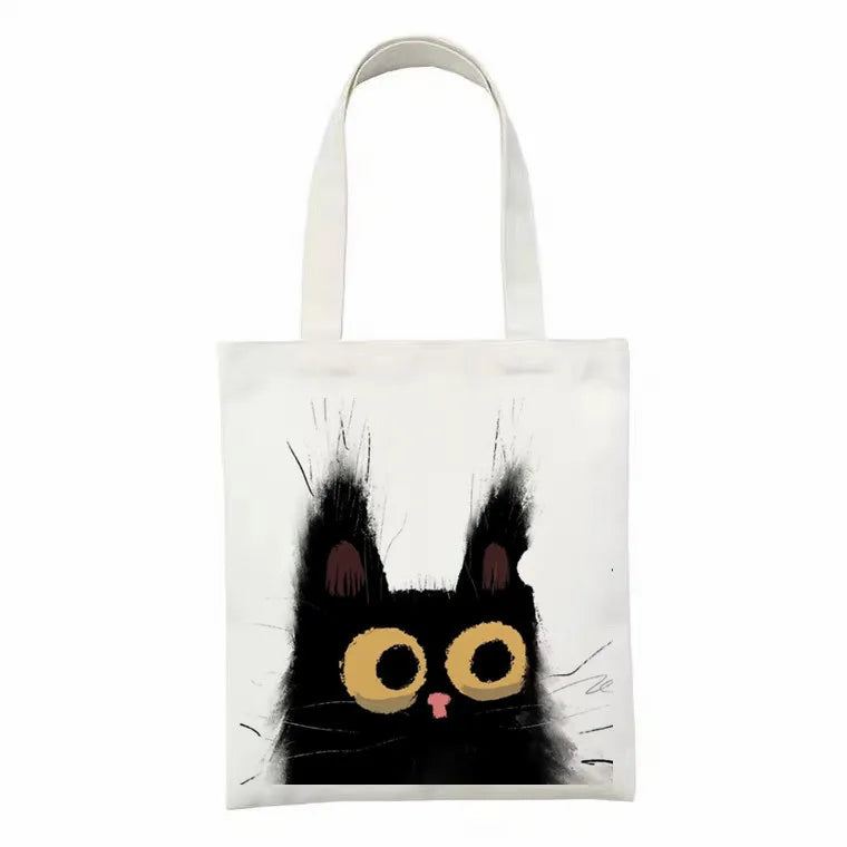 Cute Tote Bag Animals Black Cat Print Canvas Bag Eco Shopping Bag Daily Use Foldable Handbag Large Capacity Canvas Tote Women