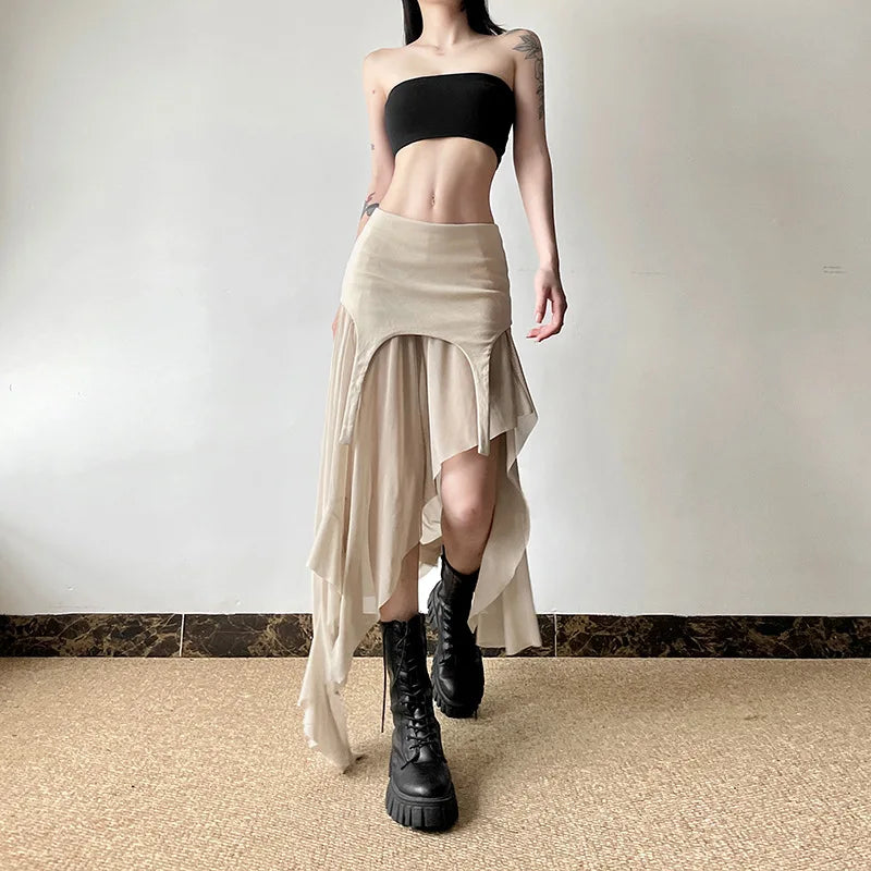 Goth Dark Cyber Y2K Irregular Hem Mid Skirts Harajuku Fashion Streetwear Mesh Patchwork Club Alt Bottoms Punk Skirt for Women