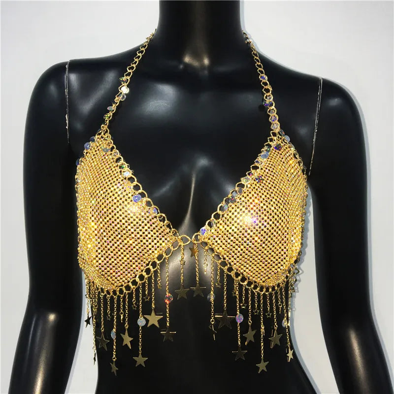 Glitter Rhinestone Star Tassel Tank Top For Women Sexy Backless V Neck Halter Camisole Rave Festival Party Club Crop Tops